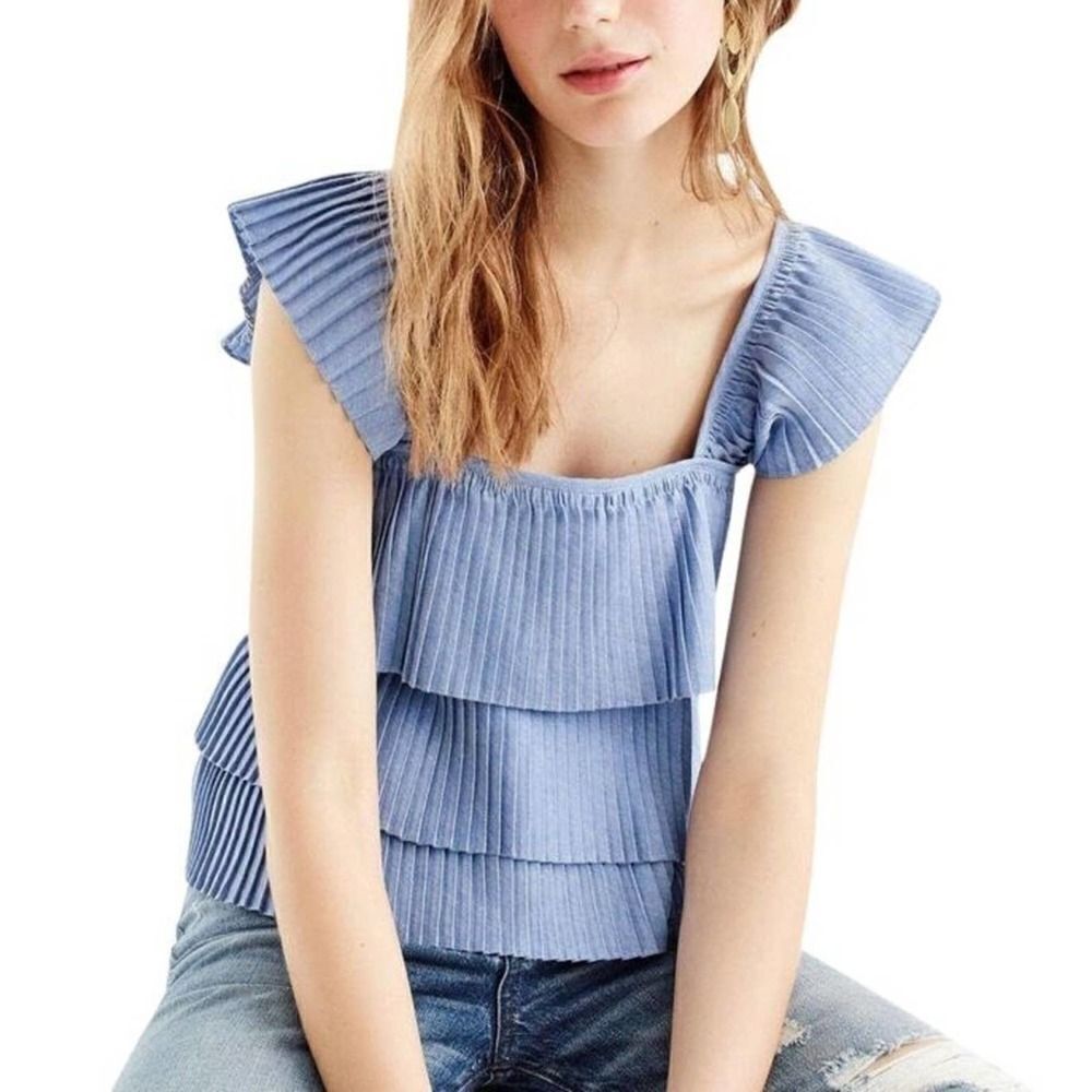 J. Crew French Blue Pleated Tiered Ruffle Tank Top/Cami